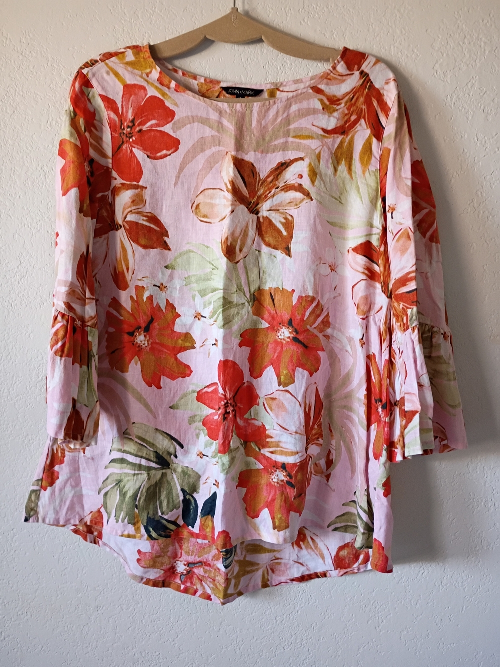 John Mark Women’s Floral Bell-Sleeve Blouse Size M Linen Blend - Picture 5 of 11